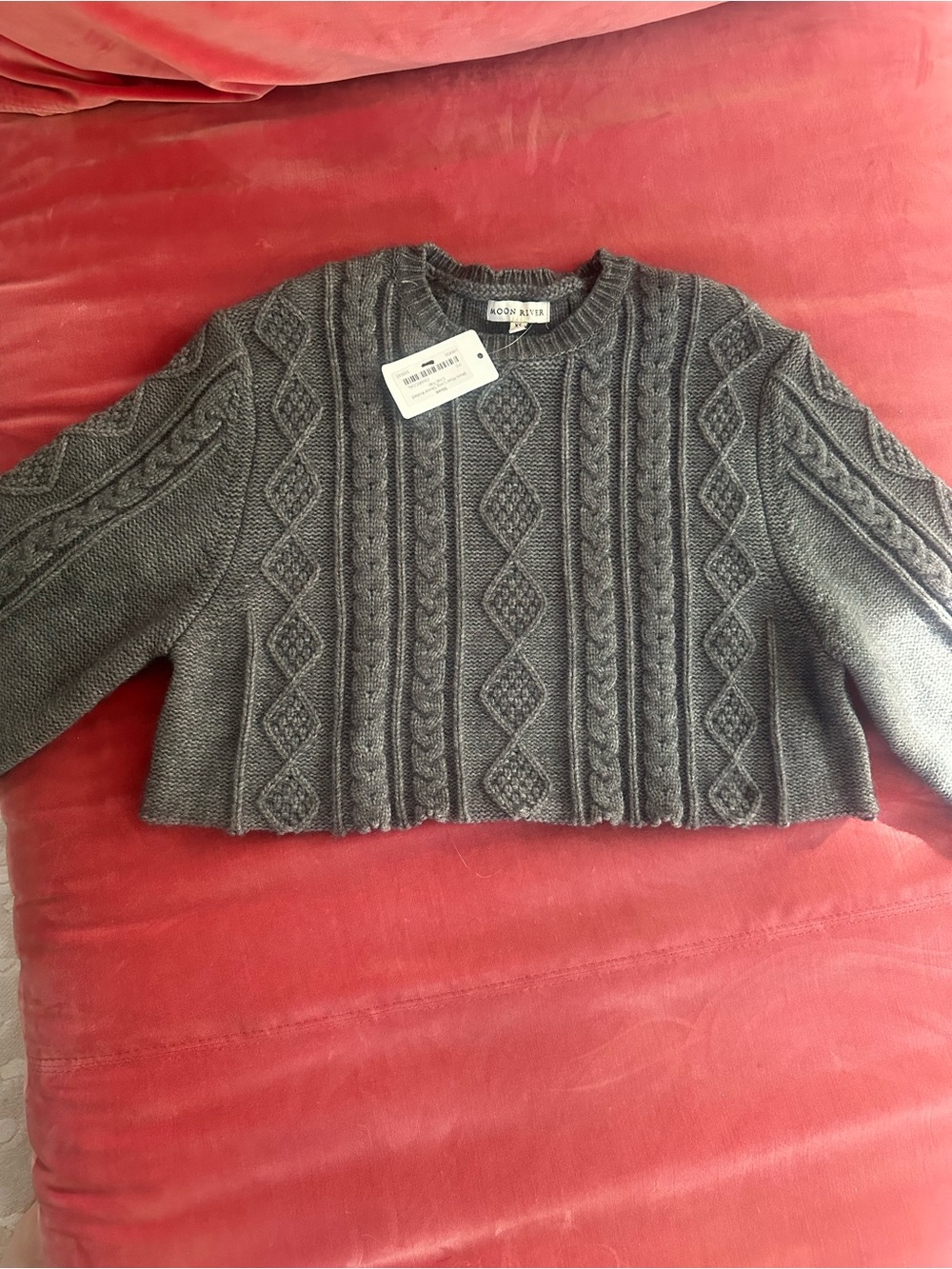 Moon River Charcoal Cable-Knit Cropped Crew Sweater - Picture 2 of 3